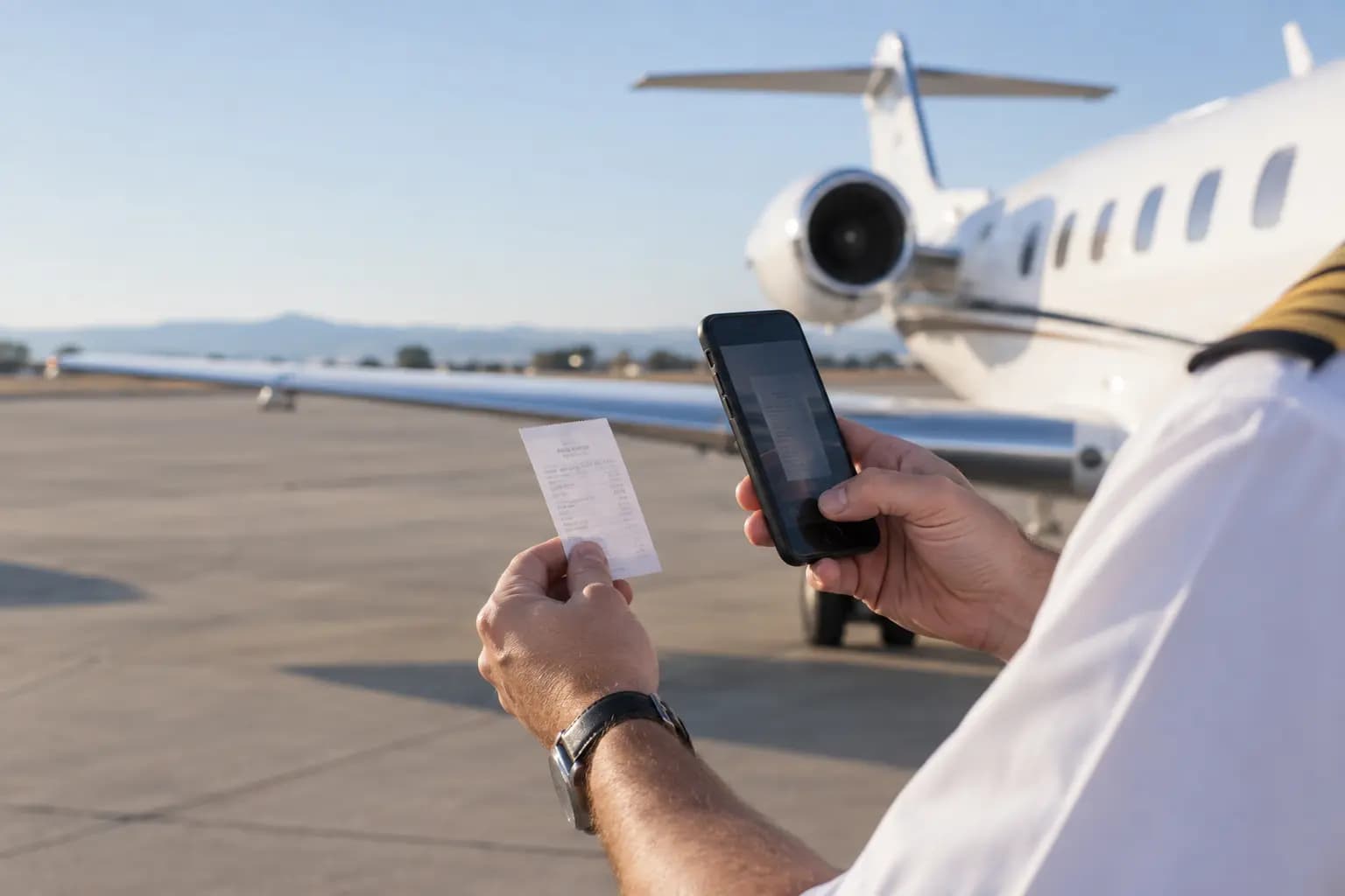 Pilot care fotografiază un bon de combustibil lângă un avion de business